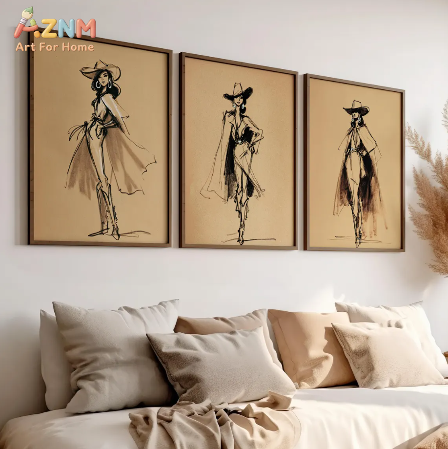Vintage Fashion Sketches - AZNM Vintage Cowgirl Sketch Canvas Wall